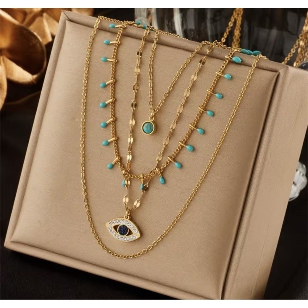 (..3:61)18k Gold Plated Stainles Steel Zircon Devil Eye Necklace Multi Layered .